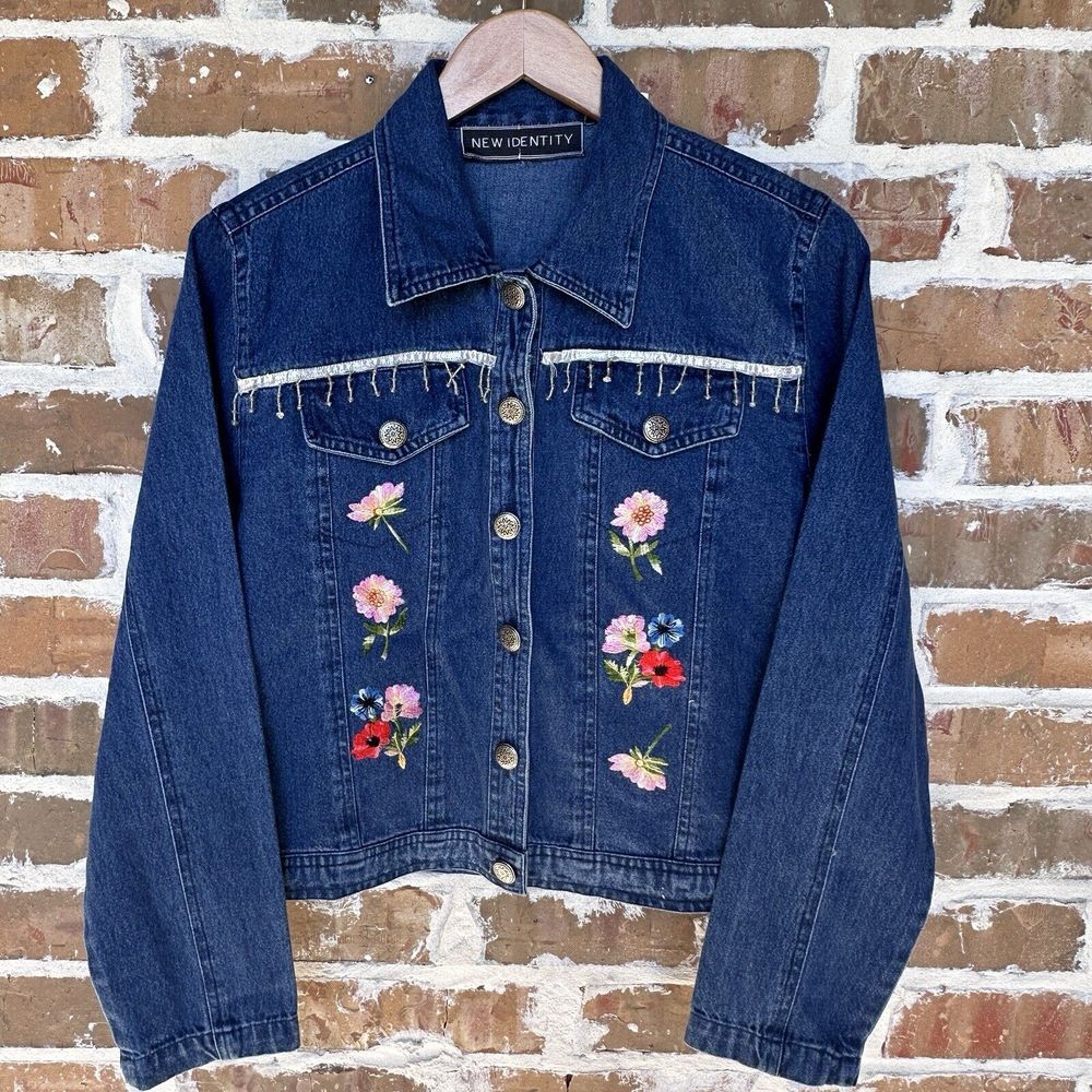 VTG New Identity Denim Jacket Women's Small Embroidered Floral Cottagecore‎ NWT